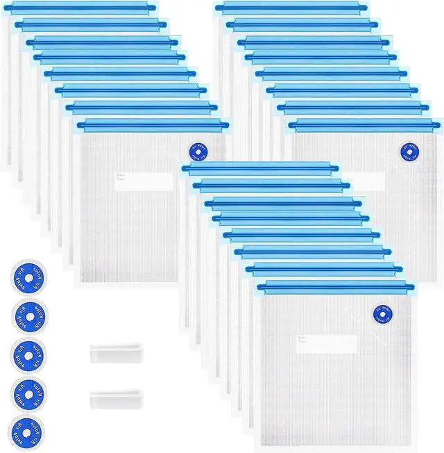 Main image of Higfra Reusable BPA Free Vacuum Sealer Bags (8.5 * 8.5in), 31 Pcs (24 Pcs Vacuum Zipper Bag & 2 Seal Clips & 5 Air Valves), Plastic, Clear, Double Zipper Seal, Microwaveable, Food Storage, Cooking
