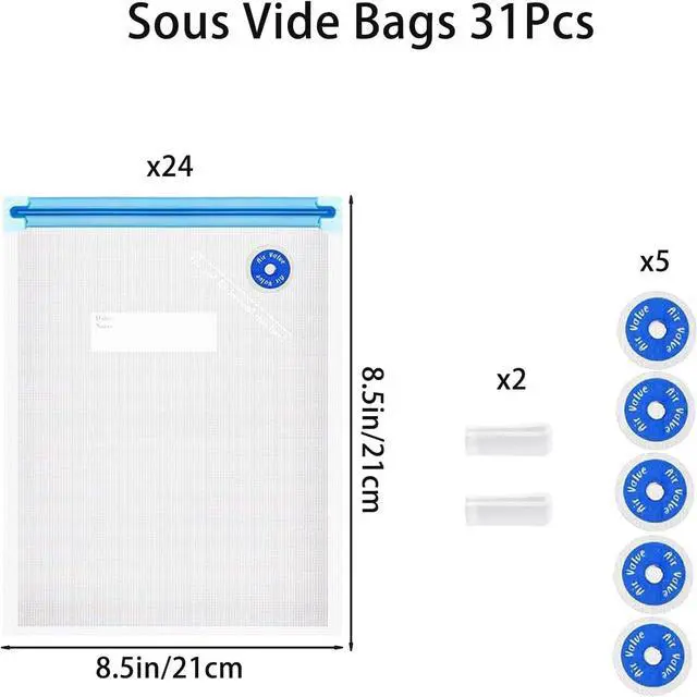 Alt view image 2 of 7 - Higfra Reusable BPA Free Vacuum Sealer Bags (8.5 * 8.5in), 31 Pcs (24 Pcs Vacuum Zipper Bag & 2 Seal Clips & 5 Air Valves), Plastic, Clear, Double Zipper Seal, Microwaveable, Food Storage, Cooking