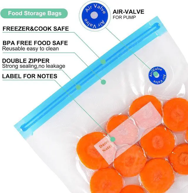 Alt view image 3 of 7 - Higfra Reusable BPA Free Vacuum Sealer Bags (8.5 * 8.5in), 31 Pcs (24 Pcs Vacuum Zipper Bag & 2 Seal Clips & 5 Air Valves), Plastic, Clear, Double Zipper Seal, Microwaveable, Food Storage, Cooking