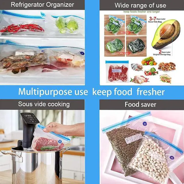 Alt view image 6 of 7 - Higfra Reusable BPA Free Vacuum Sealer Bags (8.5 * 8.5in), 31 Pcs (24 Pcs Vacuum Zipper Bag & 2 Seal Clips & 5 Air Valves), Plastic, Clear, Double Zipper Seal, Microwaveable, Food Storage, Cooking