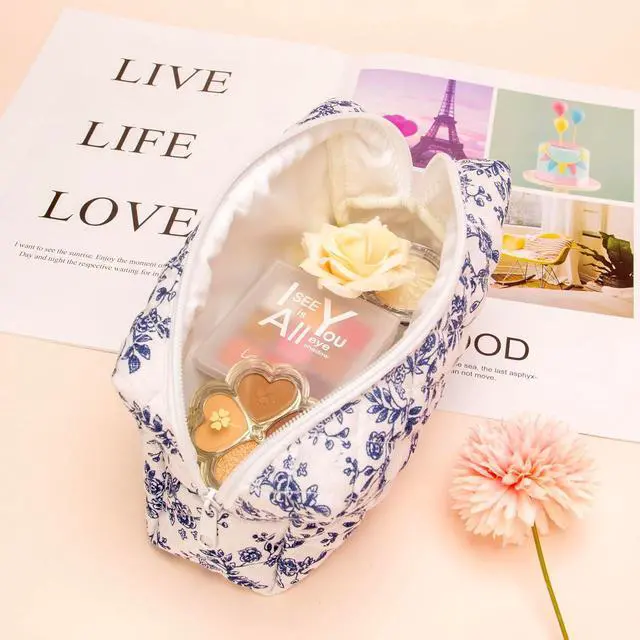 Alt view image 3 of 7 - PAZIMIIK Small Quilted Makeup Bag,Zipper Cosmetic Pouch,Jouy Blue | Elegant Cosmetic Bag Organizer for Women,Purse Storage Holds Makeup,Toiletries,Skincare,Beauty Essentials,Travel Items