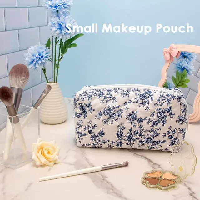 Alt view image 2 of 7 - PAZIMIIK Small Quilted Makeup Bag,Zipper Cosmetic Pouch,Jouy Blue | Elegant Cosmetic Bag Organizer for Women,Purse Storage Holds Makeup,Toiletries,Skincare,Beauty Essentials,Travel Items