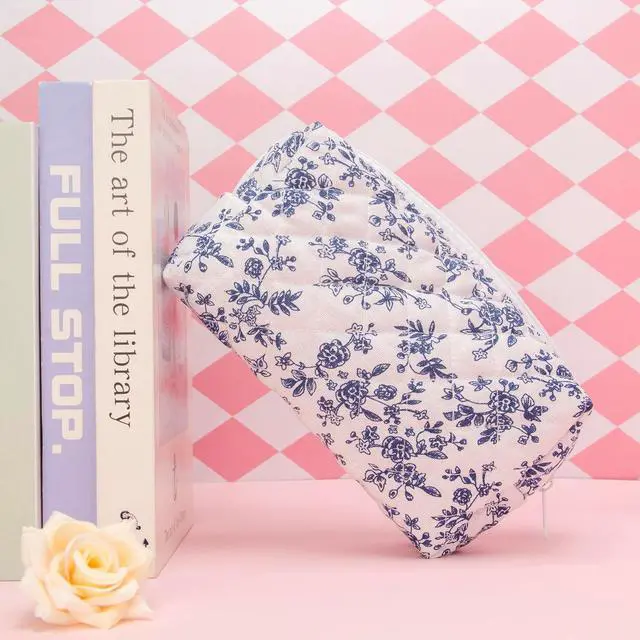 Alt view image 4 of 7 - PAZIMIIK Small Quilted Makeup Bag,Zipper Cosmetic Pouch,Jouy Blue | Elegant Cosmetic Bag Organizer for Women,Purse Storage Holds Makeup,Toiletries,Skincare,Beauty Essentials,Travel Items