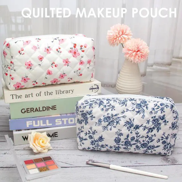 Alt view image 6 of 7 - PAZIMIIK Small Quilted Makeup Bag,Zipper Cosmetic Pouch,Jouy Blue | Elegant Cosmetic Bag Organizer for Women,Purse Storage Holds Makeup,Toiletries,Skincare,Beauty Essentials,Travel Items