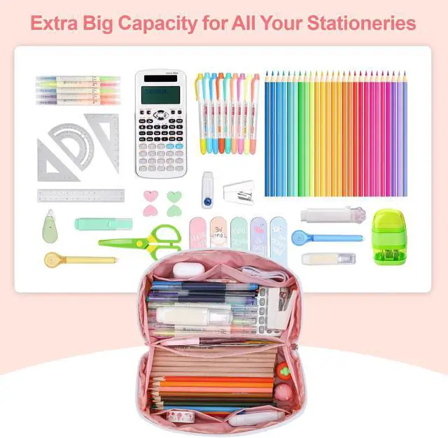 Alt view image 2 of 7 - Large Capacity Pencil Case - Pencil Pouch for Teen Girls, Aesthetic Pouch Organizer with 8 Compartments, Wide Opening Marker Bag for Middle High School College, Fits Calculator, Pink