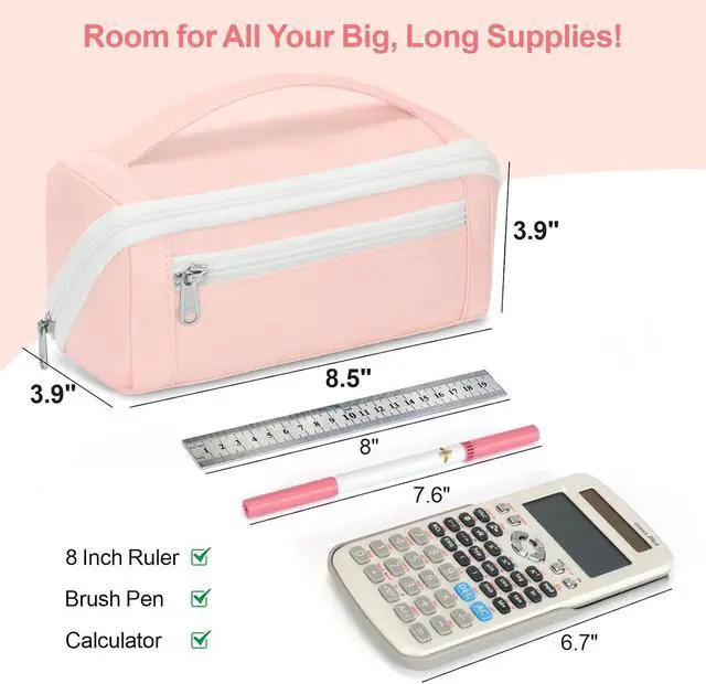 Alt view image 3 of 7 - Large Capacity Pencil Case - Pencil Pouch for Teen Girls, Aesthetic Pouch Organizer with 8 Compartments, Wide Opening Marker Bag for Middle High School College, Fits Calculator, Pink