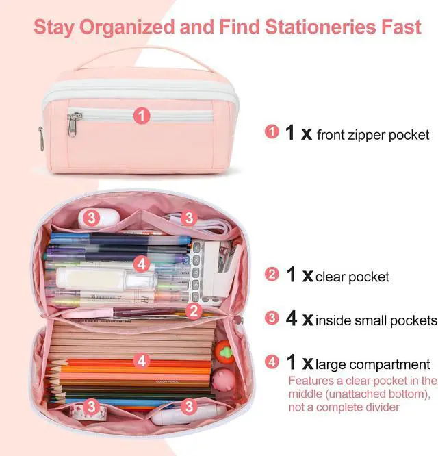 Alt view image 4 of 7 - Large Capacity Pencil Case - Pencil Pouch for Teen Girls, Aesthetic Pouch Organizer with 8 Compartments, Wide Opening Marker Bag for Middle High School College, Fits Calculator, Pink