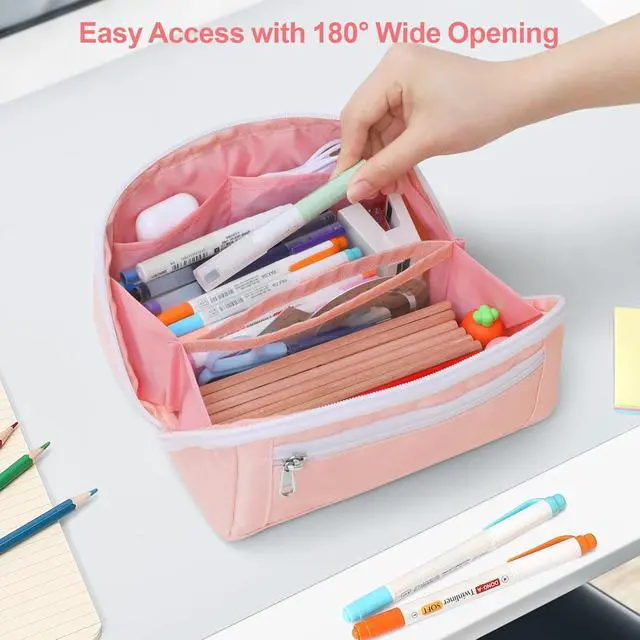 Alt view image 5 of 7 - Large Capacity Pencil Case - Pencil Pouch for Teen Girls, Aesthetic Pouch Organizer with 8 Compartments, Wide Opening Marker Bag for Middle High School College, Fits Calculator, Pink
