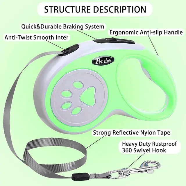 Alt view image 2 of 7 - 5M/16FT Retractable Dog Leash for Small Medium Dog, Green | Strong Nylon Tape, 360 Tangle-Free, One-Handed Brake, Pause, Lock, Fit for Dog Under 15 kg/33 lbs, Exquisite Package