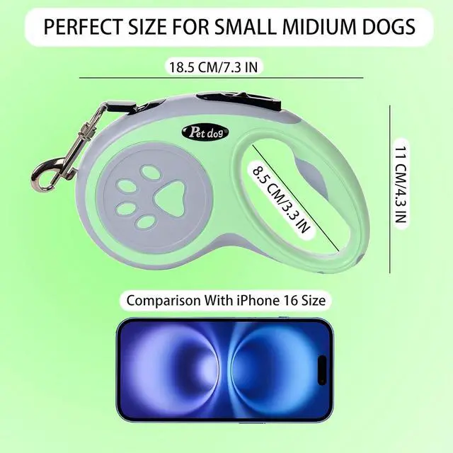 Alt view image 3 of 7 - 5M/16FT Retractable Dog Leash for Small Medium Dog, Green | Strong Nylon Tape, 360 Tangle-Free, One-Handed Brake, Pause, Lock, Fit for Dog Under 15 kg/33 lbs, Exquisite Package