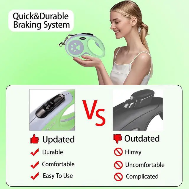Alt view image 4 of 7 - 5M/16FT Retractable Dog Leash for Small Medium Dog, Green | Strong Nylon Tape, 360 Tangle-Free, One-Handed Brake, Pause, Lock, Fit for Dog Under 15 kg/33 lbs, Exquisite Package