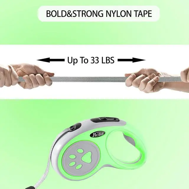 Alt view image 5 of 7 - 5M/16FT Retractable Dog Leash for Small Medium Dog, Green | Strong Nylon Tape, 360 Tangle-Free, One-Handed Brake, Pause, Lock, Fit for Dog Under 15 kg/33 lbs, Exquisite Package