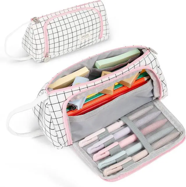 Main image of Zzrywuty White Checkered Pencil Case Canvas Front Window Pouch Organizer | Double smooth zippers, roomy interior, clear view opening, portable handle, mesh pockets, versatile stationery holder