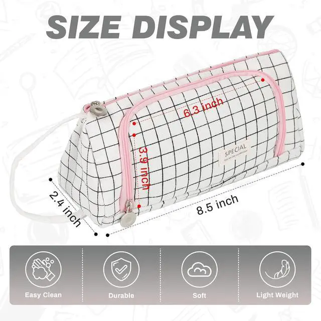 Alt view image 2 of 7 - Zzrywuty White Checkered Pencil Case Canvas Front Window Pouch Organizer | Double smooth zippers, roomy interior, clear view opening, portable handle, mesh pockets, versatile stationery holder