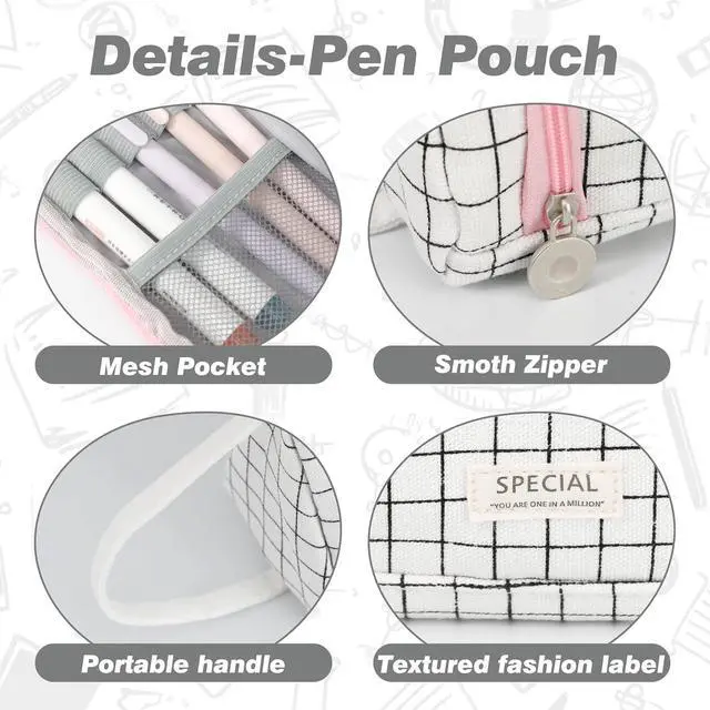 Alt view image 3 of 7 - Zzrywuty White Checkered Pencil Case Canvas Front Window Pouch Organizer | Double smooth zippers, roomy interior, clear view opening, portable handle, mesh pockets, versatile stationery holder