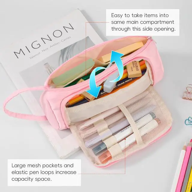 Alt view image 5 of 7 - Zzrywuty White Checkered Pencil Case Canvas Front Window Pouch Organizer | Double smooth zippers, roomy interior, clear view opening, portable handle, mesh pockets, versatile stationery holder