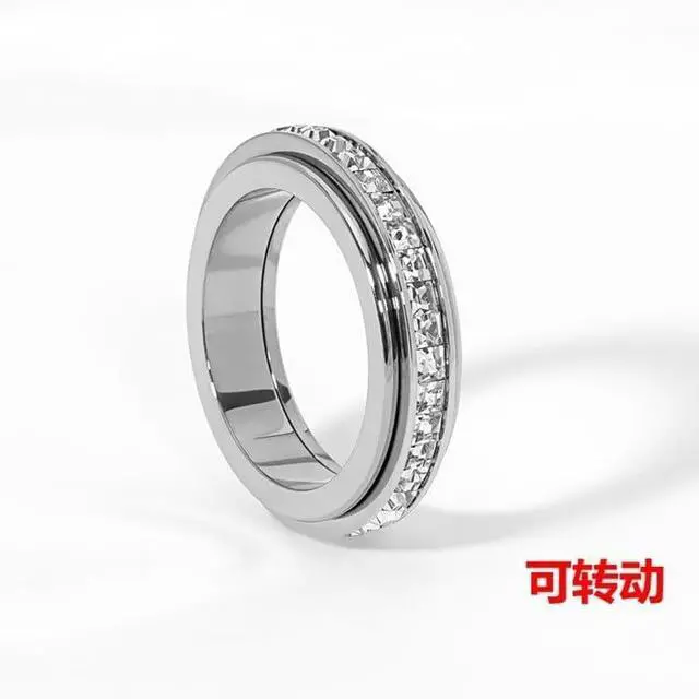 Alt view image 5 of 7 - Pingyongchang Titanium Steel Spinner Fidget Band Rings for Women Men Cubic Zirconia Rotatable Anxiety Relief Ring Wedding Promise Statement Jewelry Sizes 5-12