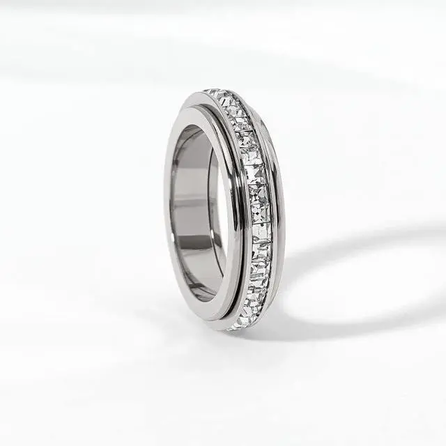 Alt view image 6 of 7 - Pingyongchang Titanium Steel Spinner Fidget Band Rings for Women Men Cubic Zirconia Rotatable Anxiety Relief Ring Wedding Promise Statement Jewelry Sizes 5-12