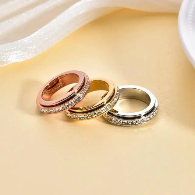 Alt view image 7 of 7 - Pingyongchang Titanium Steel Spinner Fidget Band Rings for Women Men Cubic Zirconia Rotatable Anxiety Relief Ring Wedding Promise Statement Jewelry Sizes 5-12