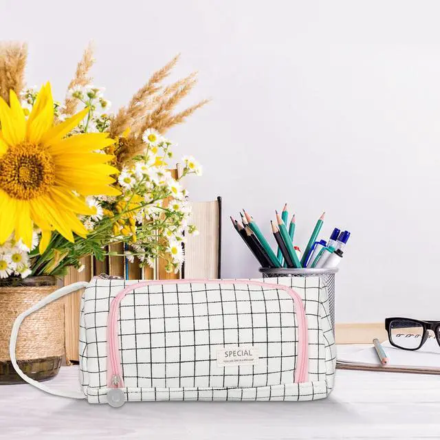 Alt view image 6 of 7 - Zzrywuty White Checkered Pencil Case Canvas Front Window Pouch Organizer | Double smooth zippers, roomy interior, clear view opening, portable handle, mesh pockets, versatile stationery holder