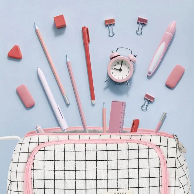 Alt view image 7 of 7 - Zzrywuty White Checkered Pencil Case Canvas Front Window Pouch Organizer | Double smooth zippers, roomy interior, clear view opening, portable handle, mesh pockets, versatile stationery holder