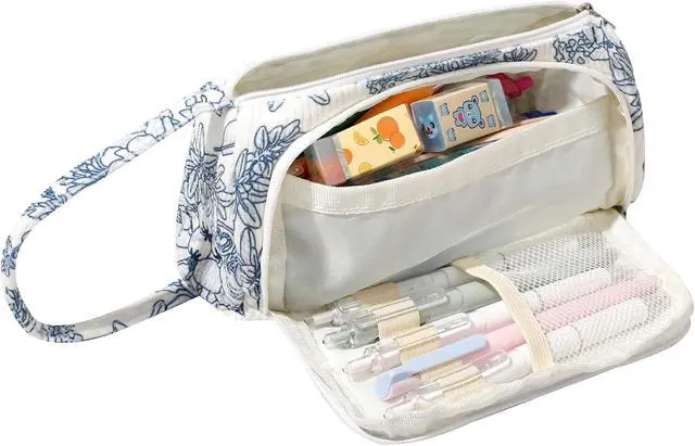 Main image of Large Pencil Case Pouch School Supplies Aesthetic Stationery Pen Bag for Girls Kids D Navy blue flower