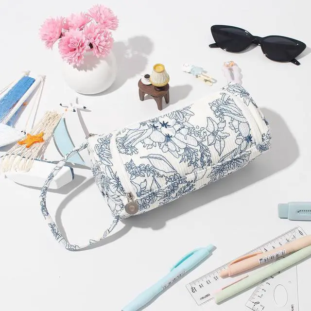 Alt view image 2 of 7 - Large Pencil Case Pouch School Supplies Aesthetic Stationery Pen Bag for Girls Kids D Navy blue flower