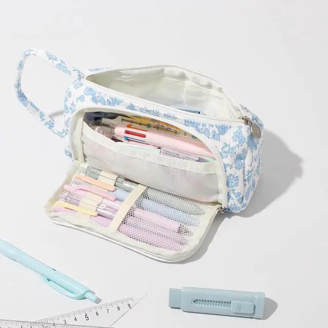Alt view image 3 of 7 - Large Pencil Case Pouch School Supplies Aesthetic Stationery Pen Bag for Girls Kids D Navy blue flower