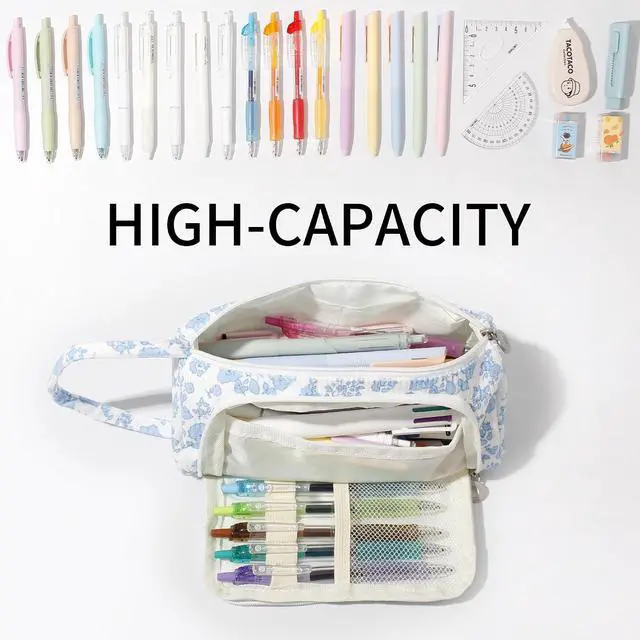 Alt view image 6 of 7 - Large Pencil Case Pouch School Supplies Aesthetic Stationery Pen Bag for Girls Kids D Navy blue flower