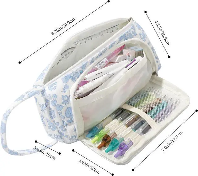 Alt view image 7 of 7 - Large Pencil Case Pouch School Supplies Aesthetic Stationery Pen Bag for Girls Kids D Navy blue flower