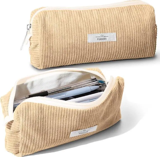 Main image of Soft Corduroy Pencil Case Pouch - Small Stationery Pen Bag Apricot | Cute Aesthetic Design, Smooth Zipper, Compact Makeup Pouch, Ideal for School, Daily Use, Travel, for Girls, Boys, Students