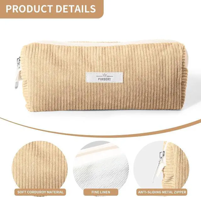 Alt view image 4 of 7 - Soft Corduroy Pencil Case Pouch - Small Stationery Pen Bag Apricot | Cute Aesthetic Design, Smooth Zipper, Compact Makeup Pouch, Ideal for School, Daily Use, Travel, for Girls, Boys, Students