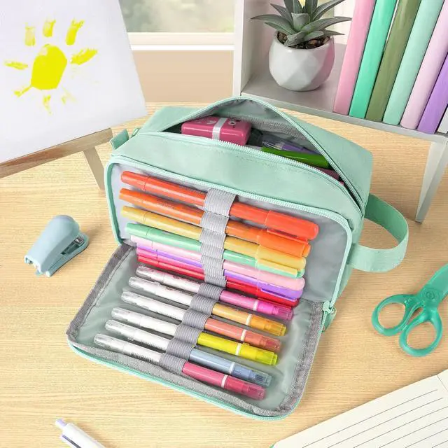 Alt view image 2 of 5 - Sooez Original High Capacity Pencil Case, Big Pencil Bag Pouch Organizer | Pen Case Aesthetic Supply for Girls Adults, Portable Journaling Supplies with Easy Grip Handle & Loop, Mint Green