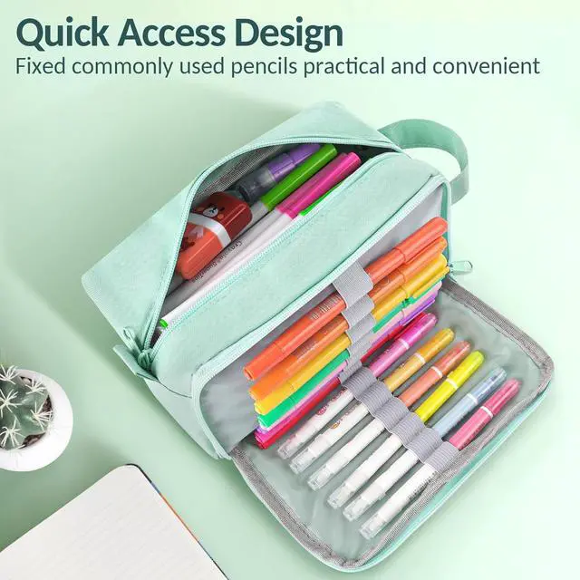 Alt view image 3 of 5 - Sooez Original High Capacity Pencil Case, Big Pencil Bag Pouch Organizer | Pen Case Aesthetic Supply for Girls Adults, Portable Journaling Supplies with Easy Grip Handle & Loop, Mint Green