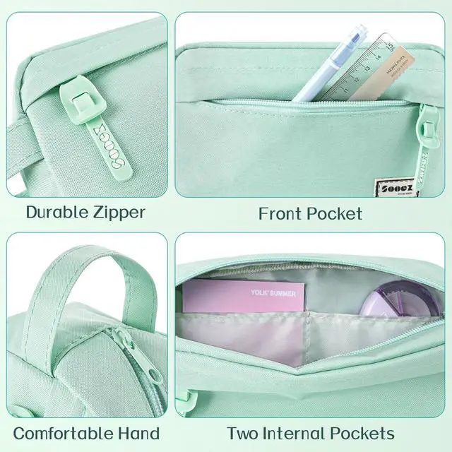 Alt view image 4 of 5 - Sooez Original High Capacity Pencil Case, Big Pencil Bag Pouch Organizer | Pen Case Aesthetic Supply for Girls Adults, Portable Journaling Supplies with Easy Grip Handle & Loop, Mint Green