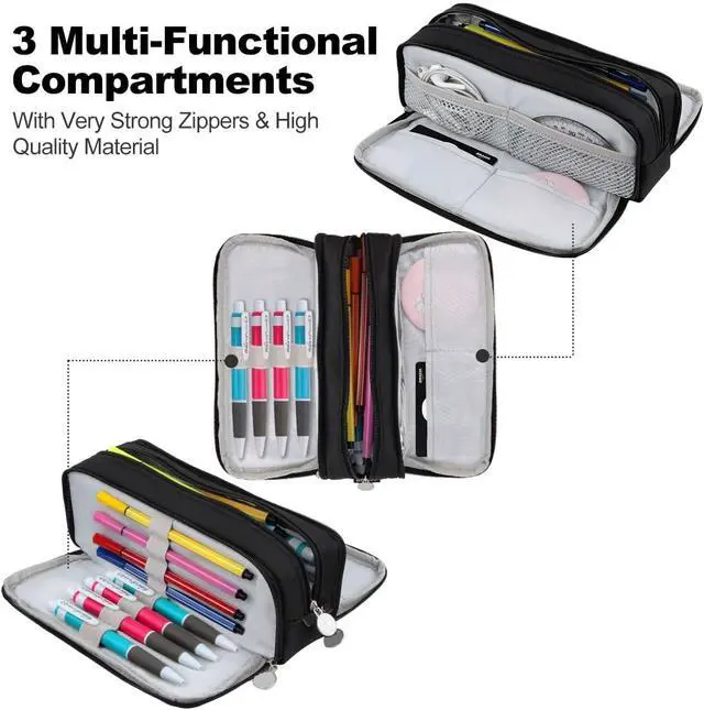 Alt view image 4 of 7 - Chelory Big Capacity Pencil Case Large Storage Pencil Bag Pouch Marker 3 Compartment Stationery Pen Cases Holder for Adults Office Organizer Gifts