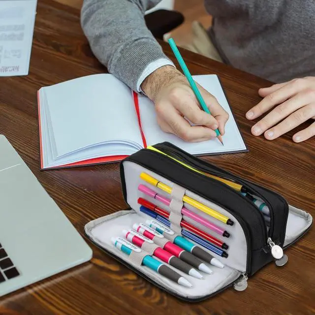 Alt view image 6 of 7 - Chelory Big Capacity Pencil Case Large Storage Pencil Bag Pouch Marker 3 Compartment Stationery Pen Cases Holder for Adults Office Organizer Gifts