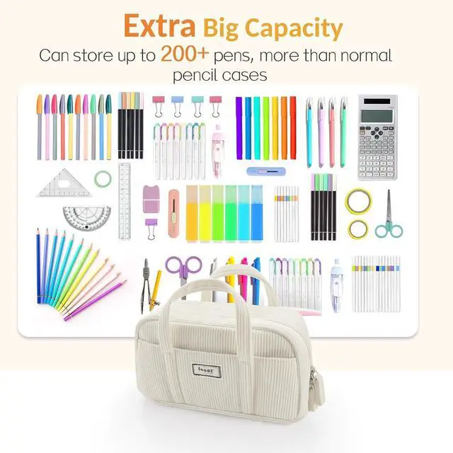 Alt view image 3 of 7 - Sooez Large Pencil Case Pouch, Extra Big Pencil Bag with 5 Compartments | Pen Bag Wide Opening, Soft Corduroy Pencil Pouch Organizer with Zipper, Cute Aesthetic School Supplies for Teen Girls-Beige