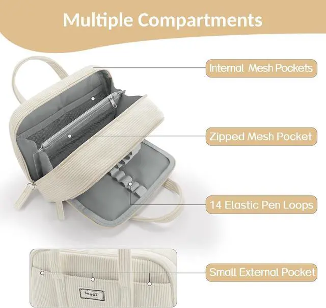 Alt view image 4 of 7 - Sooez Large Pencil Case Pouch, Extra Big Pencil Bag with 5 Compartments | Pen Bag Wide Opening, Soft Corduroy Pencil Pouch Organizer with Zipper, Cute Aesthetic School Supplies for Teen Girls-Beige