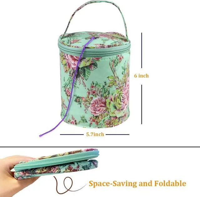 Alt view image 2 of 7 - mini yarn storage small size yarn bag for crocheting with holes,empty round knitting tote bags protable yarn holder,perfect for travel,beginner & crocheter(Green Peony)