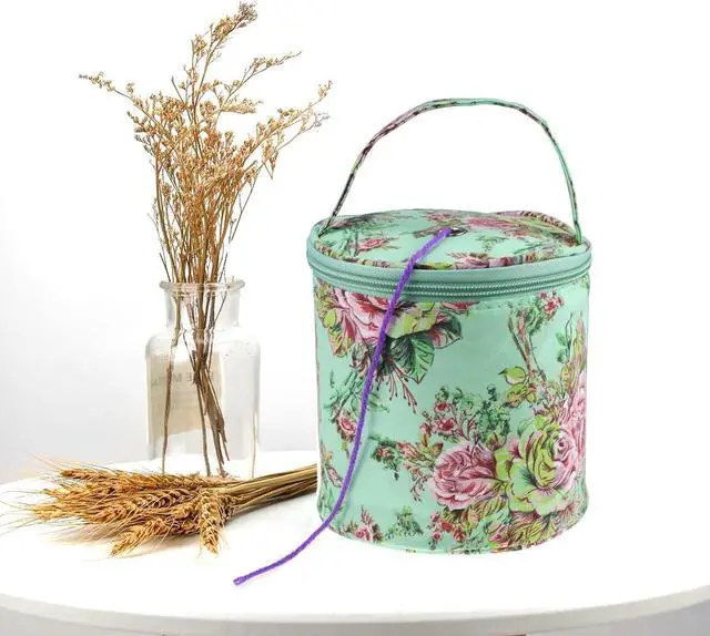 Alt view image 6 of 7 - mini yarn storage small size yarn bag for crocheting with holes,empty round knitting tote bags protable yarn holder,perfect for travel,beginner & crocheter(Green Peony)