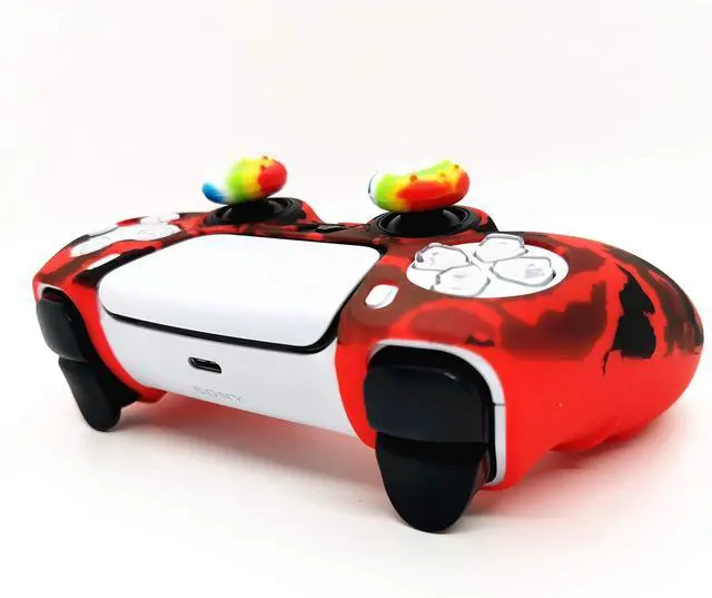 Alt view image 3 of 6 - Skin for PS5 Controller Grips, Silicone Case Cover for PlayStation 5 Anti-Slip Protector with 4pcs Thumb Joysticks Caps (4caps red Camouflage)