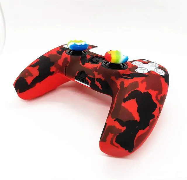 Alt view image 2 of 6 - Skin for PS5 Controller Grips, Silicone Case Cover for PlayStation 5 Anti-Slip Protector with 4pcs Thumb Joysticks Caps (4caps red Camouflage)