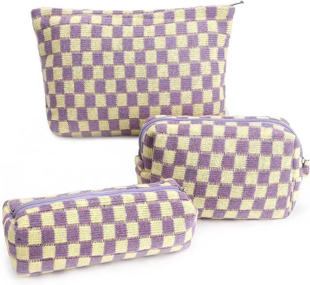 Main image of 3 Pcs Makeup Bag Checkered Cosmetic Bag Large Capacity Traveling Toiletry Pounch Organizer Cute Makeup Brushes Aesthetic Accessories Storage Bag for Girls Women (Purple-White)