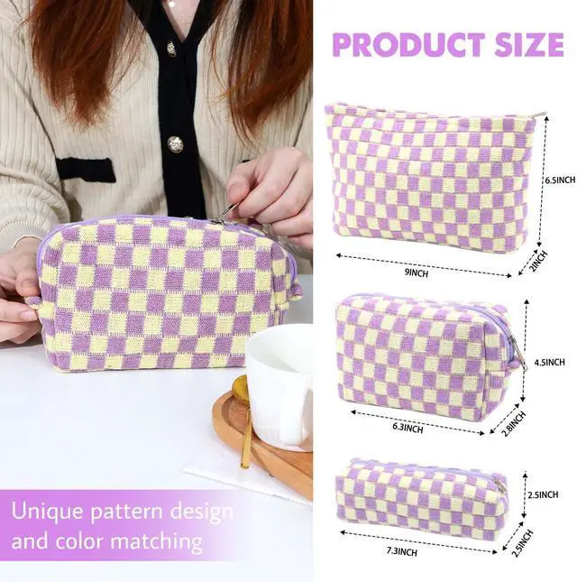 Alt view image 3 of 6 - 3 Pcs Makeup Bag Checkered Cosmetic Bag Large Capacity Traveling Toiletry Pounch Organizer Cute Makeup Brushes Aesthetic Accessories Storage Bag for Girls Women (Purple-White)