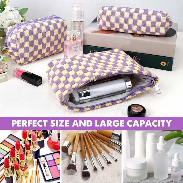 Alt view image 2 of 6 - 3 Pcs Makeup Bag Checkered Cosmetic Bag Large Capacity Traveling Toiletry Pounch Organizer Cute Makeup Brushes Aesthetic Accessories Storage Bag for Girls Women (Purple-White)