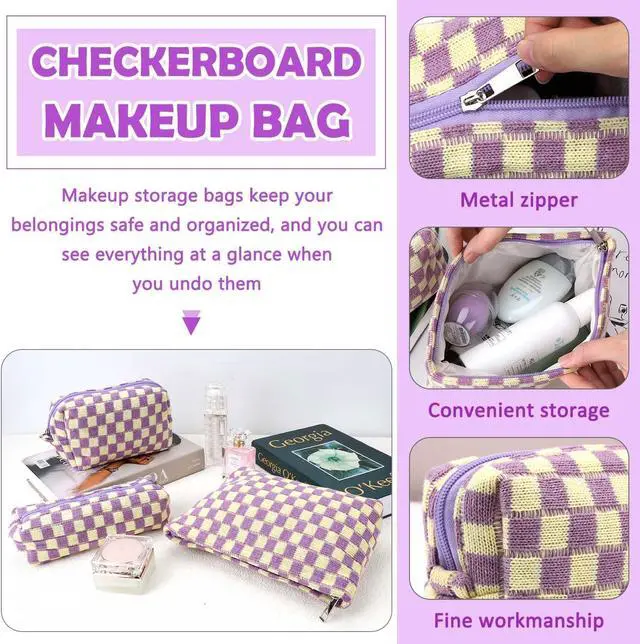 Alt view image 4 of 6 - 3 Pcs Makeup Bag Checkered Cosmetic Bag Large Capacity Traveling Toiletry Pounch Organizer Cute Makeup Brushes Aesthetic Accessories Storage Bag for Girls Women (Purple-White)