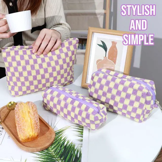 Alt view image 5 of 6 - 3 Pcs Makeup Bag Checkered Cosmetic Bag Large Capacity Traveling Toiletry Pounch Organizer Cute Makeup Brushes Aesthetic Accessories Storage Bag for Girls Women (Purple-White)