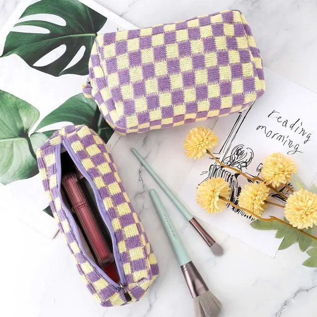 Alt view image 6 of 6 - 3 Pcs Makeup Bag Checkered Cosmetic Bag Large Capacity Traveling Toiletry Pounch Organizer Cute Makeup Brushes Aesthetic Accessories Storage Bag for Girls Women (Purple-White)