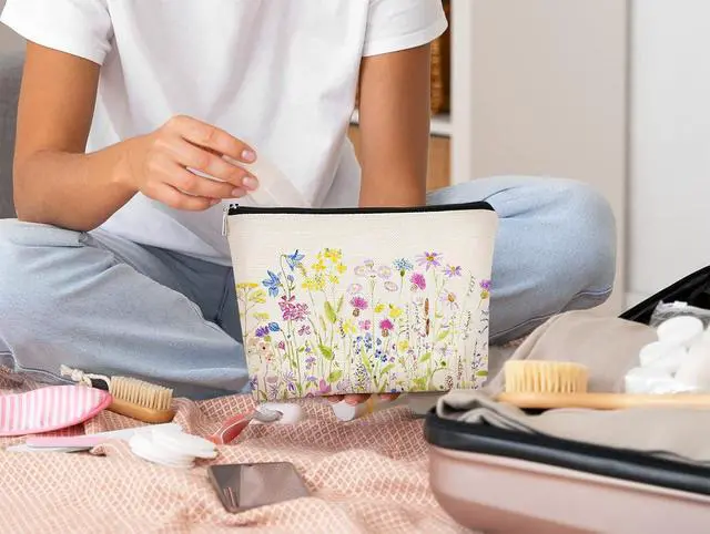 Alt view image 4 of 5 - Cottagecore Watercolor Wildflowers Colorful Meadow Flowers Makeup Bag,Colorful Floral Cosmetic Bag Best Gift Idea for Flower Lovers Girls Women Mom,Birthday Mother's Day Gifts for Mom